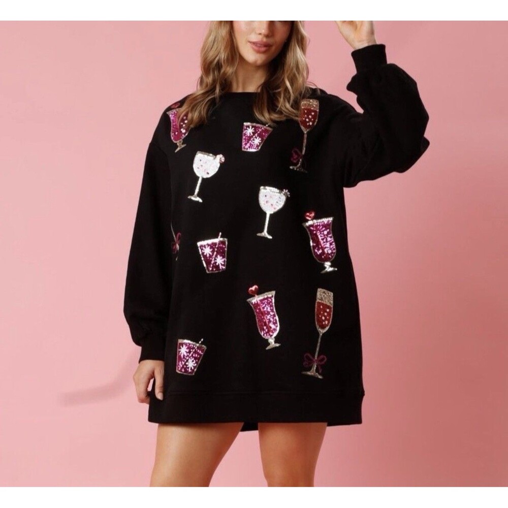 Fantastic Fawn Sequin Sparkle Drinks Pullover Dress Sz Medium New